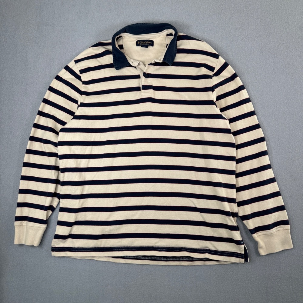 Brooks Brothers Rugby Shirt XL Cream Navy Striped Preppy Mens Long Sleeve
